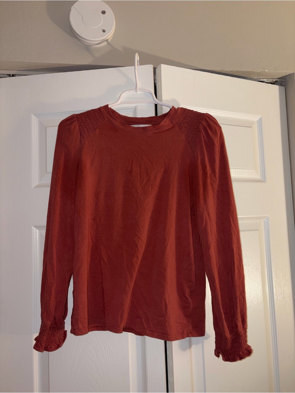 LC Lauren Conrad Rust Long-Sleeve Smocked Shoulder Top